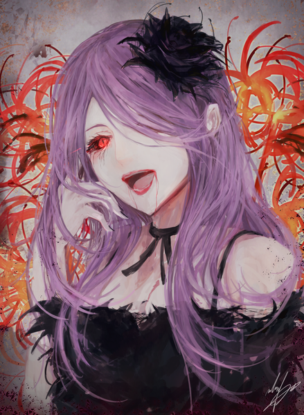 Anime picture 902x1232 with tokyo ghoul studio pierrot kamishiro rize marumoru single long hair tall image fringe open mouth red eyes purple eyes bare shoulders nail polish hair over one eye lipstick red lipstick girl dress hair ornament flower (flowers)