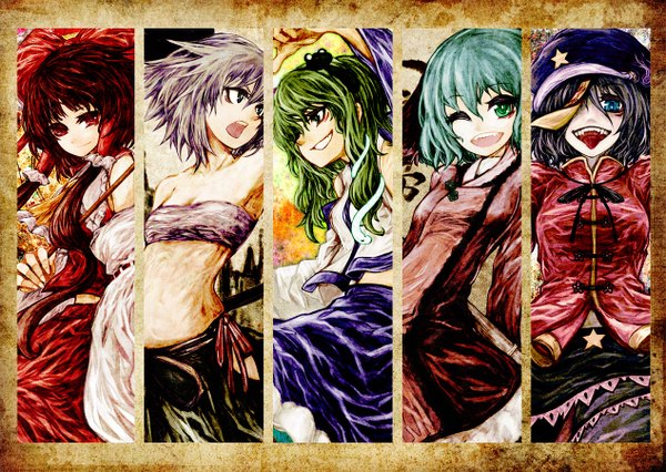 Anime picture 1267x900 with touhou hakurei reimu konpaku youmu kochiya sanae miyako yoshika kasodani kyouko akasia long hair short hair open mouth blue eyes black hair smile red eyes bare shoulders multiple girls green eyes one eye closed green hair wink