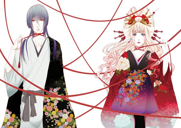 Anime picture 1000x707 with macross macross frontier sheryl nome saotome alto long hair blue eyes blonde hair simple background standing white background yellow eyes blue hair traditional clothes japanese clothes couple girl boy hair ornament kimono thread