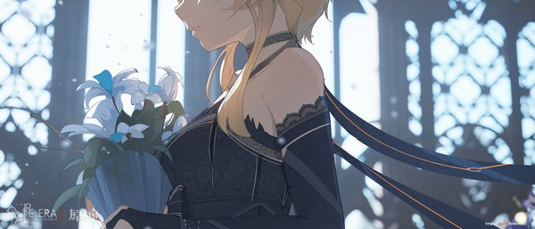 Anime picture 3360x1440 with genshin impact lumine (genshin impact) void 0 (artist) single highres short hair wide image holding signed payot upper body indoors parted lips head out of frame alternate color girl flower (flowers) detached sleeves choker window
