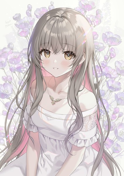 Anime picture 1000x1414 with original midori foo single long hair tall image looking at viewer blush fringe sitting bare shoulders brown eyes parted lips multicolored hair grey hair off shoulder short sleeves colored inner hair floral background girl dress