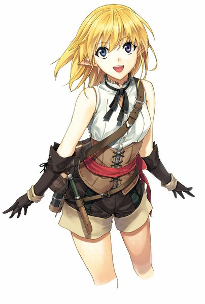 Anime picture 673x1000 with seiken no blacksmith lisa (seiken no blacksmith) luna (reclaimed land) single tall image short hair open mouth simple background blonde hair white background bare shoulders pointy ears heterochromia girl gloves black gloves elbow gloves shorts bag corset