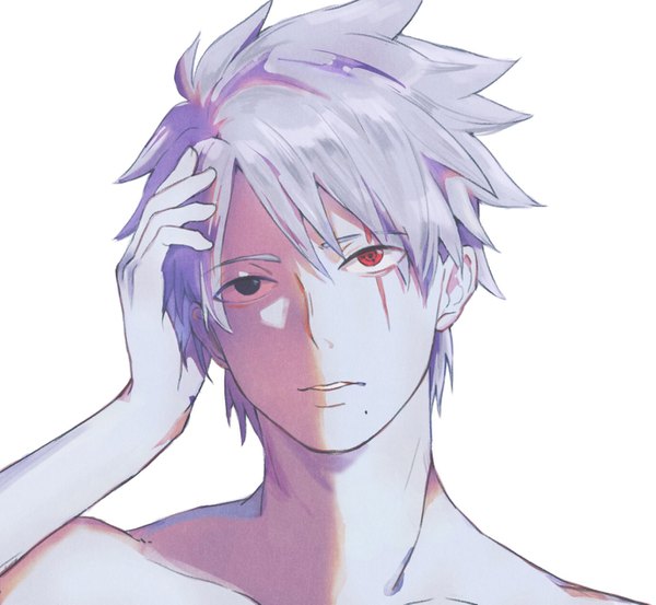 Anime-Bild 1373x1267 mit naruto studio pierrot naruto (series) hatake kakashi jopi single looking at viewer fringe short hair simple background hair between eyes red eyes white background bare shoulders upper body parted lips head tilt grey hair black eyes mole