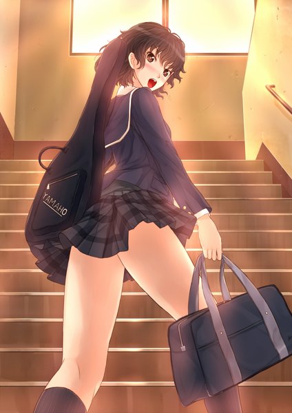 Anime picture 1446x2046 with original kazeno single tall image blush short hair open mouth black hair looking back black eyes girl skirt uniform school uniform miniskirt socks window black socks school bag stairs