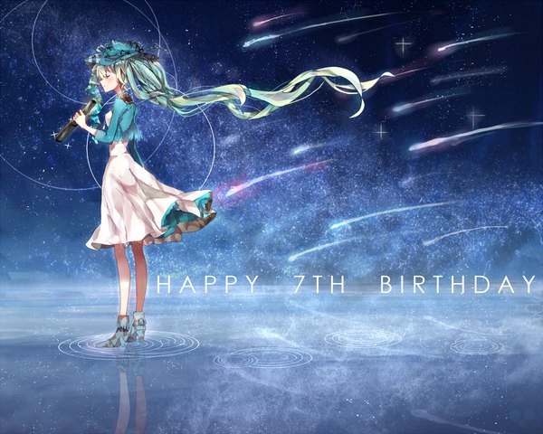 Anime picture 1599x1280 with vocaloid hatsune miku nadinehuifu single long hair blush fringe smile standing twintails eyes closed wind aqua hair night open clothes open jacket night sky reflection milky way meteor rain