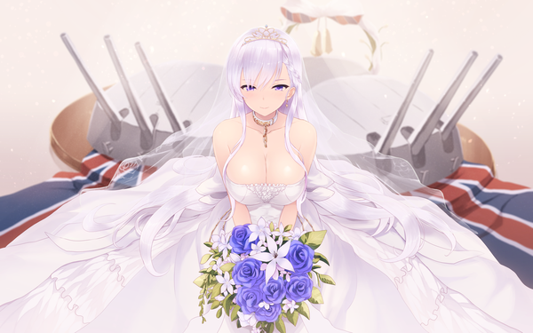 Anime picture 6614x4134 with azur lane belfast (azur lane) belfast (claddagh ring's vow) (azur lane) cait single looking at viewer blush fringe highres breasts light erotic smile hair between eyes large breasts purple eyes bare shoulders payot absurdres cleavage silver hair