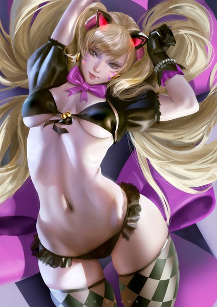 Anime-Bild 2481x3508 mit overwatch blizzard entertainment d.va (overwatch) black cat d.va zumi (zumidraws) single long hair tall image looking at viewer fringe highres breasts light erotic blonde hair smile large breasts twintails brown eyes signed animal ears