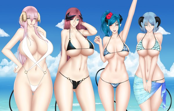 Anime picture 3900x2500 with original fiore (baru) baru (val-val) long hair highres short hair breasts open mouth light erotic red eyes large breasts green eyes blue hair pink hair absurdres sky red hair tail pink eyes hair flower