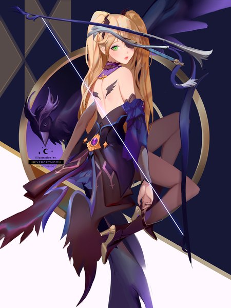 Anime picture 1300x1733 with genshin impact fischl (genshin impact) oz (genshin impact) nevercrymoon single long hair tall image looking at viewer blush fringe blonde hair bare shoulders green eyes signed full body bent knee (knees) nail polish looking back fingernails from behind