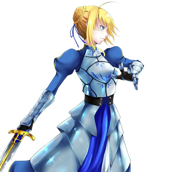 Anime picture 1824x1834 with fate (series) fate/zero type-moon artoria pendragon (all) saber chloe (totoruban) single tall image highres short hair blue eyes simple background blonde hair white background looking away ahoge puffy sleeves girl dress armor
