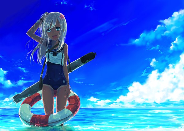 Anime picture 3624x2591 with kantai collection ro-500 submarine sorano eika single long hair looking at viewer highres open mouth blue eyes light erotic absurdres sky white hair hair flower shadow wet horizon hand on head tan tan lines