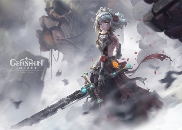 Anime picture 7000x5000 with genshin impact noelle (genshin impact) ruin guard (genshin impact) chigalidepoi single looking at viewer highres short hair green eyes absurdres silver hair copyright name torn clothes dust girl weapon petals armor blood huge weapon