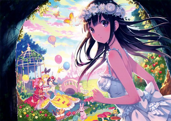 Anime picture 3300x2347 with alice in wonderland little red riding hood snow white and the seven dwarfs original eshi 100-nin ten alice (wonderland) little red riding hood (character) snow white nishimura eri long hair looking at viewer blush highres blue eyes black hair blonde hair brown hair multiple girls absurdres sky