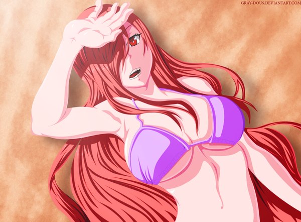 Anime picture 2000x1476 with fairy tail erza scarlet gray-dous single long hair fringe highres open mouth light erotic red eyes red hair lying hair over one eye bare belly armpit (armpits) coloring sand girl bikini top