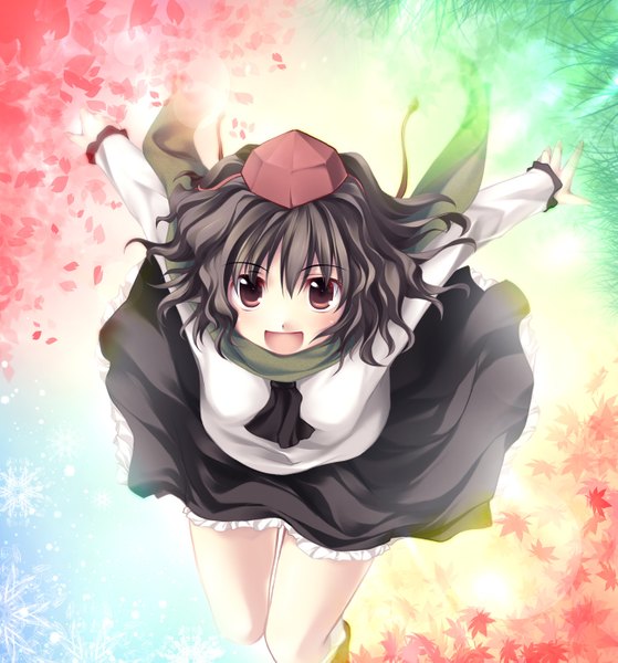 Anime picture 1300x1397 with touhou shameimaru aya tateha (marvelous grace) single tall image looking at viewer fringe short hair open mouth hair between eyes red eyes brown hair from above spread arms winter summer autumn spring girl plant (plants)