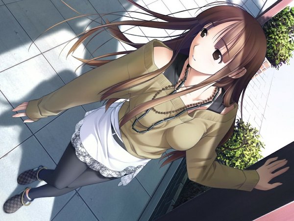 Anime picture 1024x768 with white breath hiiragi ayumi brown hair standing brown eyes game cg girl