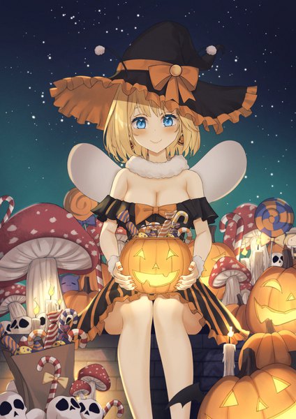 Anime picture 1169x1654 with virtual youtuber hololive hololive english watson amelia kangbus single tall image looking at viewer short hair breasts blue eyes light erotic blonde hair smile large breasts sitting sky cleavage halloween insect wings