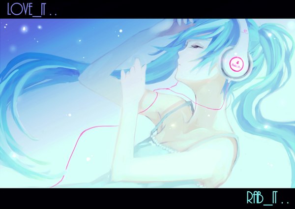 Anime picture 1500x1064 with vocaloid hatsune miku pyon0x0 single long hair twintails bare shoulders eyes closed profile aqua hair inscription letterboxed girl headphones sundress wire (wires)