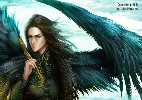 Anime picture 1024x724 with original sarah-valsheim (cashile) single long hair brown hair green eyes signed realistic magic black wings boy wings armor feather (feathers)