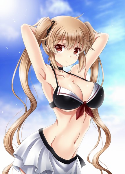 Anime-Bild 1080x1500 mit kantai collection murasame destroyer amou yuu single long hair tall image looking at viewer fringe breasts light erotic blonde hair hair between eyes red eyes large breasts twintails sky cloud (clouds) light smile armpit (armpits) arms behind head
