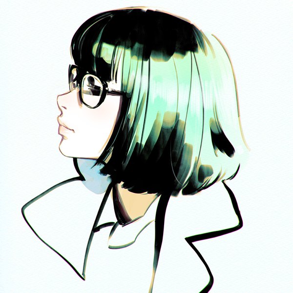 Anime picture 1080x1080 with original ilya kuvshinov single fringe short hair simple background white background blunt bangs eyes closed profile green hair portrait girl glasses