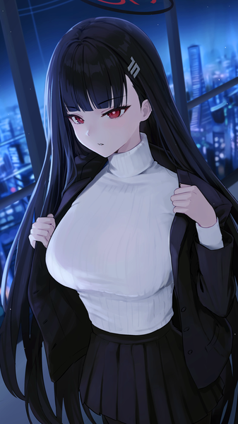 Anime picture 1819x3234 with blue archive rio (blue archive) tem (tempainting1) single long hair tall image fringe highres breasts black hair red eyes standing looking away blunt bangs parted lips pleated skirt night open clothes city undressing