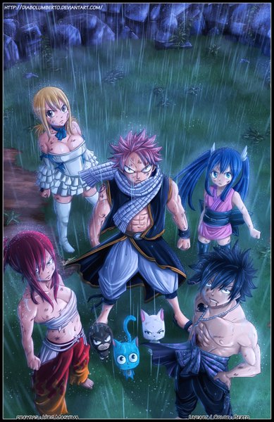 Anime picture 900x1386 with fairy tail lucy heartfilia erza scarlet natsu dragneel gray fullbuster wendy marvell happy (fairy tail) charle (fairy tail) panther lily diabolumberto tall image breasts blue eyes light erotic black hair blonde hair large breasts bare shoulders multiple girls blue hair