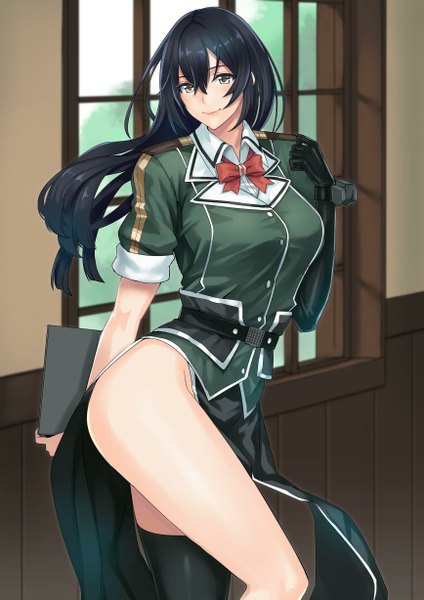 Anime picture 868x1228 with kantai collection chikuma heavy cruiser damegane single long hair tall image looking at viewer fringe breasts light erotic black hair smile standing brown eyes bent knee (knees) indoors thighs girl thighhighs dress