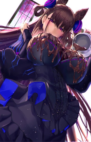 Anime picture 873x1361 with fate (series) fate/grand order murasaki shikibu (fate) satou daiji single long hair tall image blush fringe breasts light erotic simple background hair between eyes brown hair white background purple eyes from below two side up huge breasts valentine