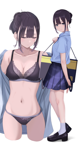 Anime-Bild 2201x4000 mit original inaka 44 tall image looking at viewer fringe highres short hair breasts light erotic black hair simple background standing white background payot full body eyes closed off shoulder mole short sleeves grey eyes