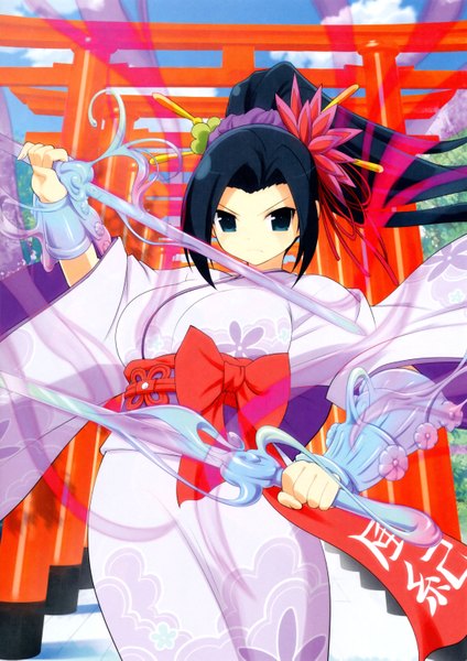 Anime picture 4392x6219 with senran kagura chihaya (senran kagura) yaegashi nan single long hair tall image looking at viewer highres blue eyes black hair absurdres ponytail traditional clothes japanese clothes scan official art fighting stance girl weapon sword