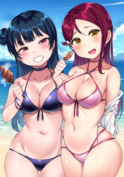 Anime picture 1400x2000 with love live! sunshine!! sunrise (studio) love live! sakurauchi riko tsushima yoshiko tem10 long hair tall image looking at viewer blush fringe breasts open mouth light erotic smile hair between eyes red eyes large breasts standing bare shoulders