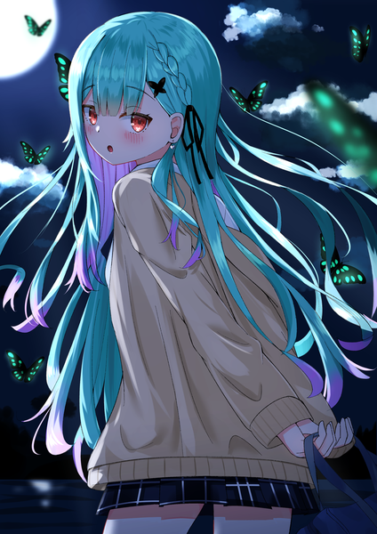 Anime picture 2894x4093 with virtual youtuber hololive uruha rushia uruha rushia (school uniform) cpk prd single long hair tall image looking at viewer blush fringe highres red eyes holding outdoors blunt bangs looking back aqua hair night :o