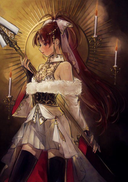 Anime picture 848x1200 with mahou shoujo madoka magica shaft (studio) sakura kyouko yukishiro (hitsuji) single long hair tall image standing bare shoulders holding brown eyes looking away ponytail red hair nail polish profile pleated skirt off shoulder wide sleeves fur trim