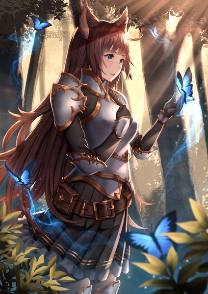 Anime picture 1061x1500 with original miyasaka so single long hair tall image fringe open mouth blue eyes brown hair standing payot looking away pleated skirt wind sunlight hand on chest sunbeam skirt flip butterfly on hand girl