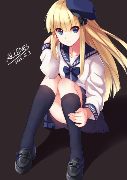 Anime picture 4133x5846 with original allenes single long hair tall image highres blue eyes light erotic blonde hair smile sitting signed absurdres dark background girl skirt uniform socks serafuku black socks