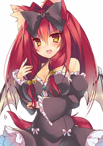 Anime-Bild 565x800 mit original monaka natsume single long hair tall image looking at viewer blush breasts open mouth simple background large breasts white background bare shoulders animal ears yellow eyes payot red hair tail animal tail wide sleeves