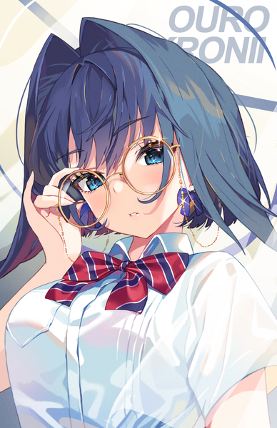 Anime picture 1500x2319 with virtual youtuber hololive hololive english ouro kronii parfait (ryunghu) single tall image blush fringe blue eyes black hair hair between eyes upper body sparkle from below character names adjusting glasses bespectacled girl uniform