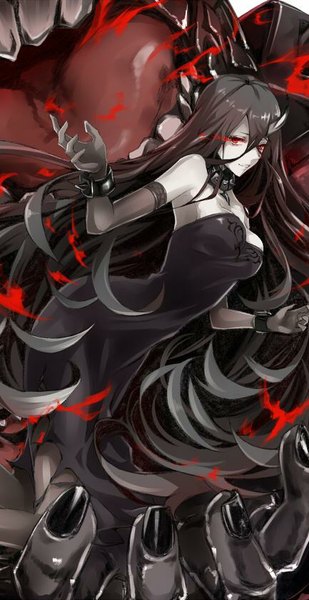 Anime picture 433x839 with kantai collection battleship water oni pokimari tall image looking at viewer open mouth black hair smile hair between eyes red eyes bare shoulders very long hair teeth sleeveless outstretched arm glowing glowing eye (eyes) arched back white skin shinkaisei-kan