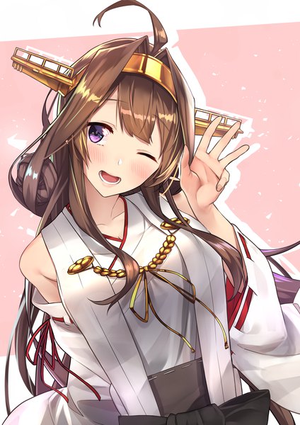 Anime picture 2603x3682 with kantai collection kongou battleship baffu single long hair tall image blush highres open mouth smile brown hair purple eyes looking away ahoge traditional clothes head tilt japanese clothes one eye closed wink wide sleeves