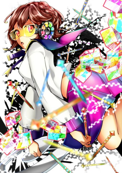 Anime picture 1000x1414 with original ichinose777 single tall image looking at viewer short hair open mouth brown hair braid (braids) pink eyes girl skirt miniskirt glasses headphones sailor suit