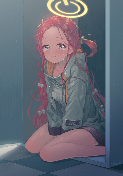 Anime picture 1568x2240 with blue archive yuzu (blue archive) nishiki koi single long hair tall image looking at viewer blush blue eyes sitting red hair bare legs tears one side up wariza checkered floor floor girl bow hair bow
