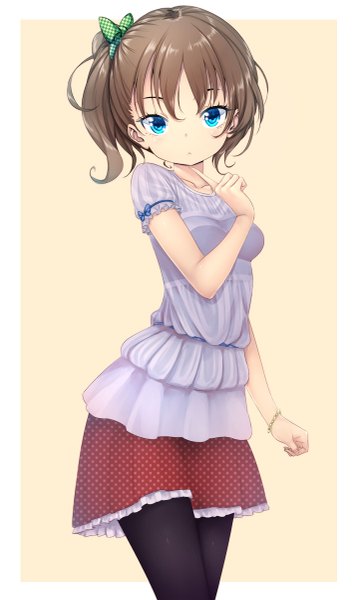 Anime picture 713x1200 with original zizi (zz22) single tall image looking at viewer short hair blue eyes brown hair standing girl skirt bow hair bow pantyhose bracelet