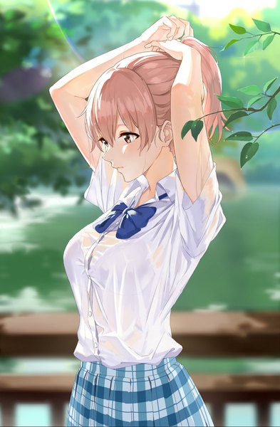 Anime picture 1000x1525 with koe no katachi kyoto animation nishimiya shouko yunsang single tall image blush fringe short hair light erotic brown hair brown eyes outdoors ponytail pleated skirt short sleeves depth of field adjusting hair plaid skirt wet clothes