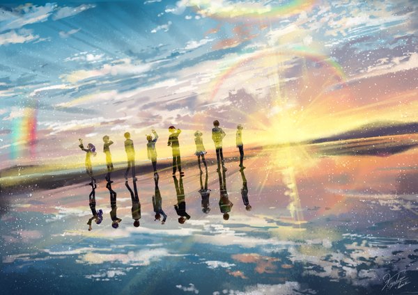 Anime picture 1525x1080 with original kazuharu kina long hair short hair brown hair standing multiple girls signed sky silver hair purple hair cloud (clouds) ponytail arm up multiple boys lens flare evening reflection sunset horizon