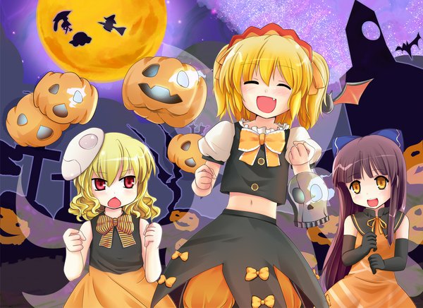 Anime picture 1100x800 with touhou star sapphire luna child sunny milk long hair blush short hair open mouth blonde hair smile red eyes multiple girls yellow eyes eyes closed halloween witch girl dress navel bow