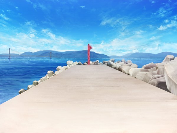 Anime picture 1024x768 with lovely x cation 2 hibiki works game cg sky cloud (clouds) mountain no people landscape sea bridge