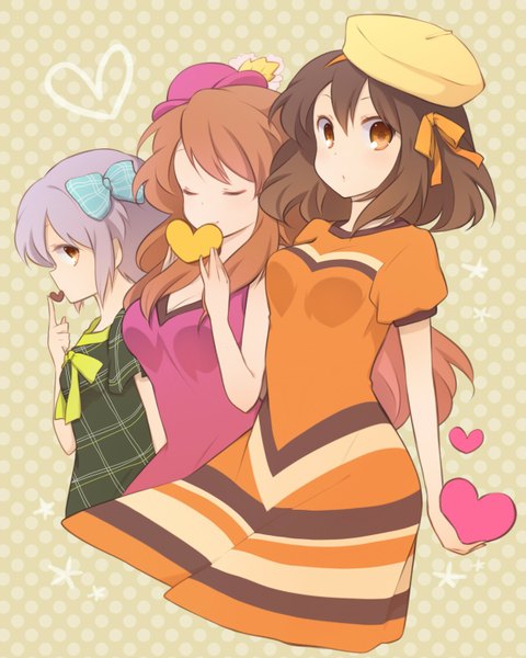 Anime picture 1200x1500 with suzumiya haruhi no yuutsu kyoto animation suzumiya haruhi nagato yuki asahina mikuru kinokosuke (artist) long hair tall image short hair simple background brown hair multiple girls eyes closed grey hair orange hair orange eyes alternate costume hands behind back polka dot polka dot background