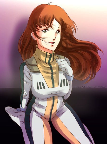 Anime picture 1480x2000 with macross the super dimension fortress macross hayase misa marian1701 single long hair tall image fringe breasts open mouth brown hair sitting green eyes looking away full body indoors floating hair girl gloves white gloves