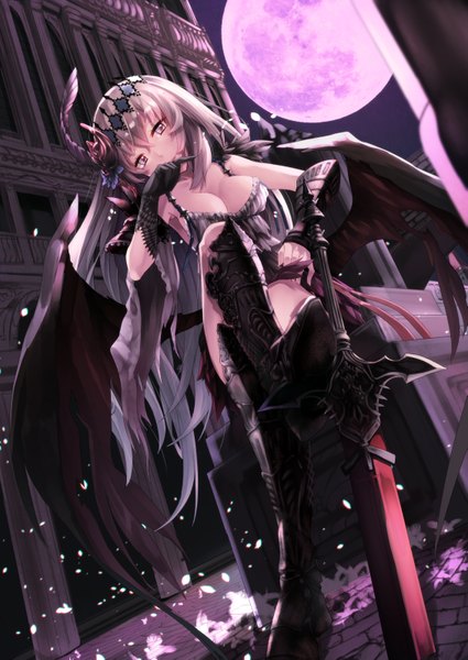 Anime picture 1129x1593 with granblue fantasy jeanne d'arc (granblue fantasy) saraki single long hair tall image looking at viewer fringe breasts light erotic hair between eyes large breasts sitting purple eyes bare shoulders holding cleavage bent knee (knees) outdoors very long hair